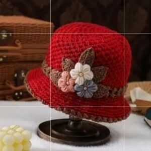 Crochet Knit 3-Flowers Cloche Hat Lined, Lightweight Warm Dark Red, NEW